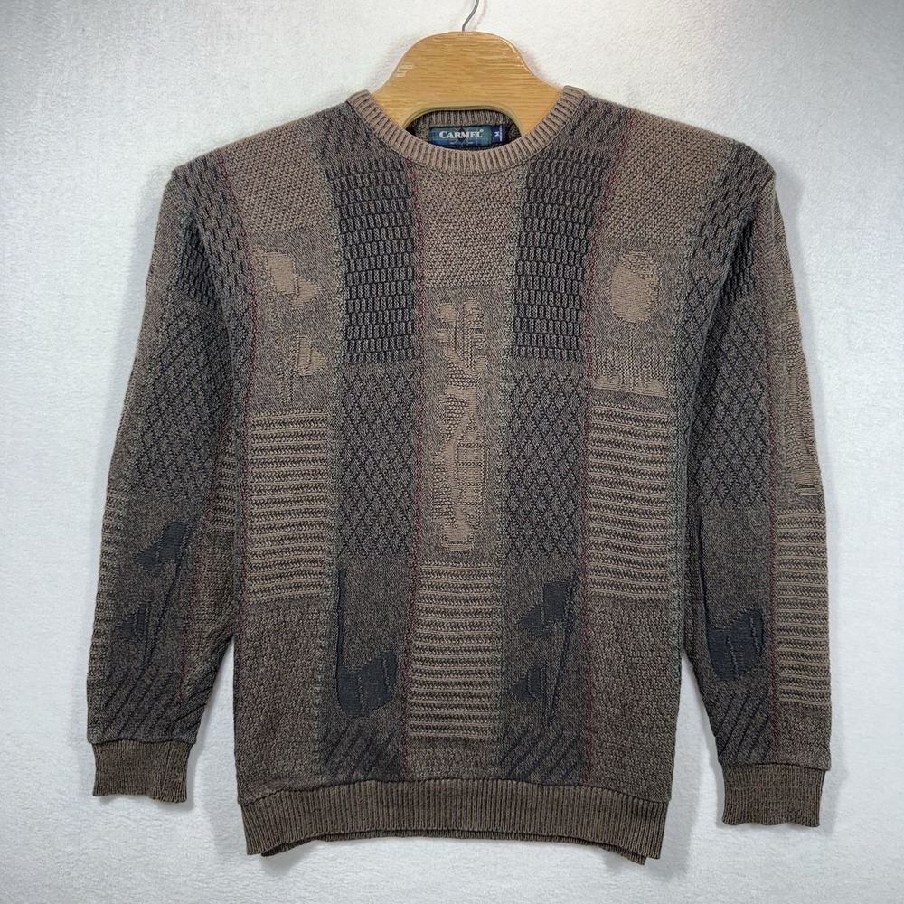 Vintage Golf Knit Sweater Mens M Brown Golf Bag Ball Tee Textured Grandpa USA